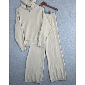 Ribbed Knit Hoodie Wide Leg Pant Lounge Set Sz M Oatmeal Cozy Loungewear